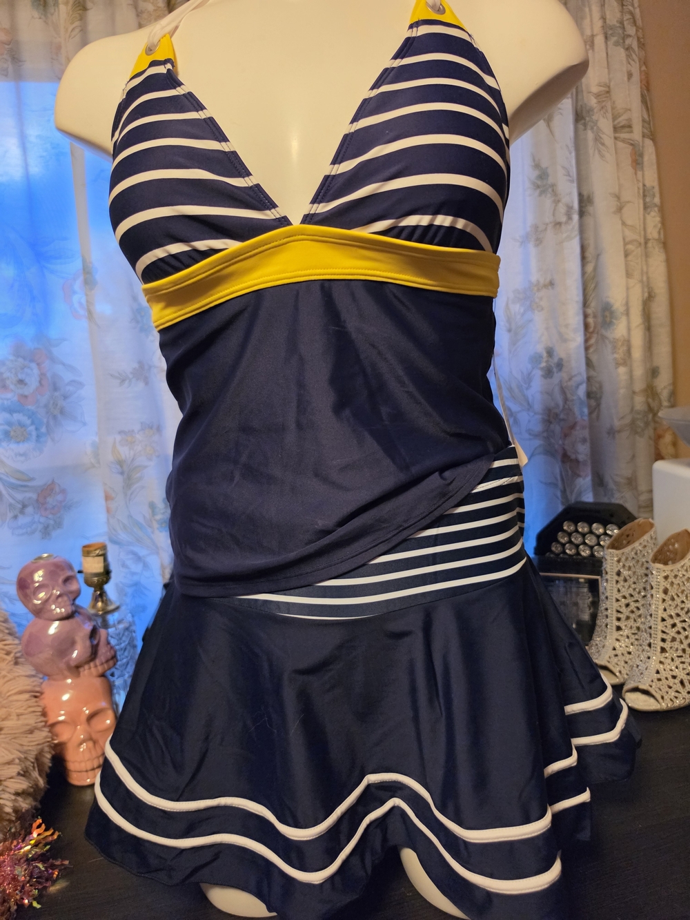 Retro Sailor Swim jcpenney Navy and Yellow Striped Womens Tankini Dress Swimwear